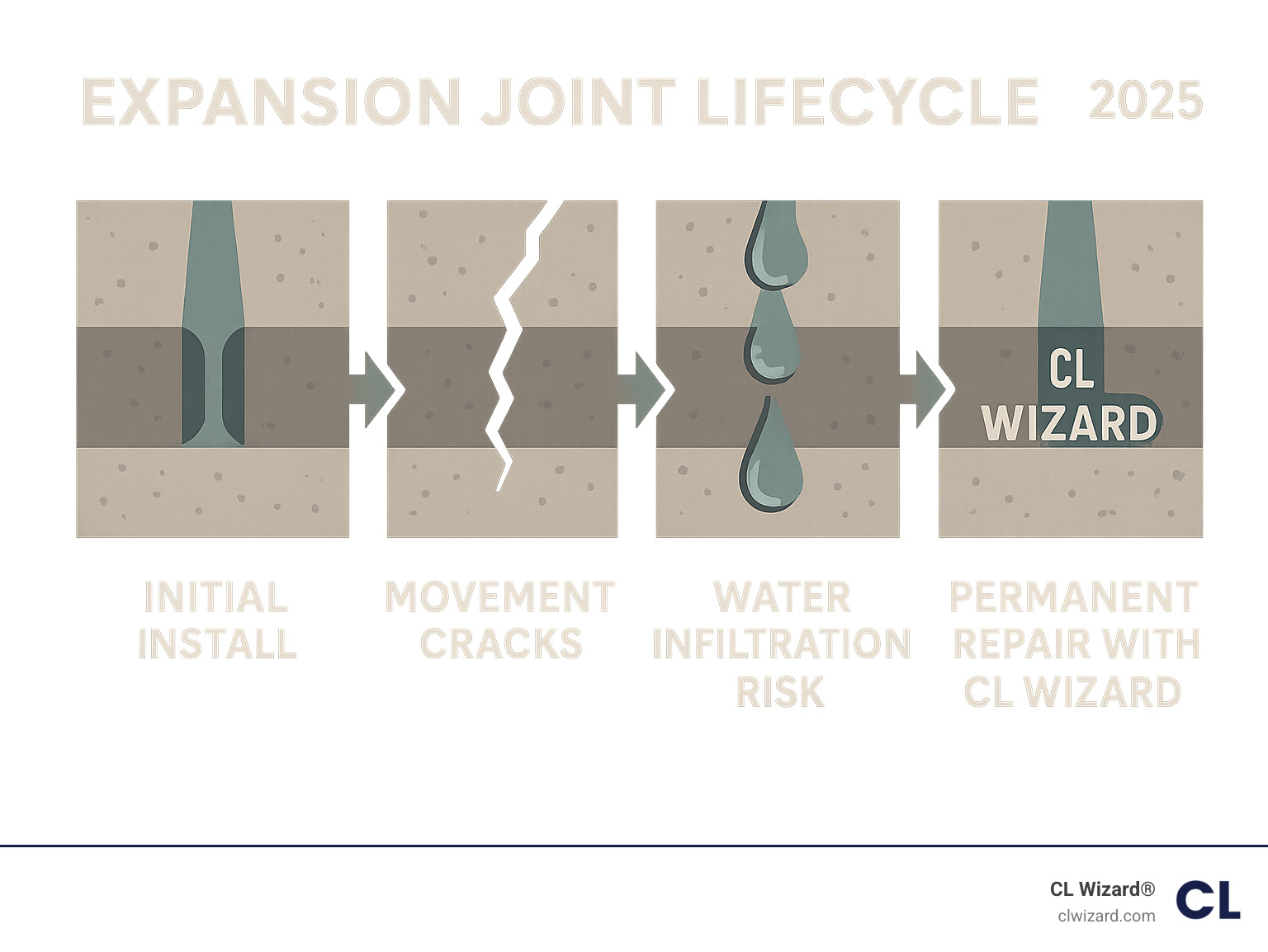 Infographic showing the expansion joint lifecycle: initial install, movement cracks, water infiltration risk, permanent repair with CL Wizard - commercial expansion joint repair infographic 