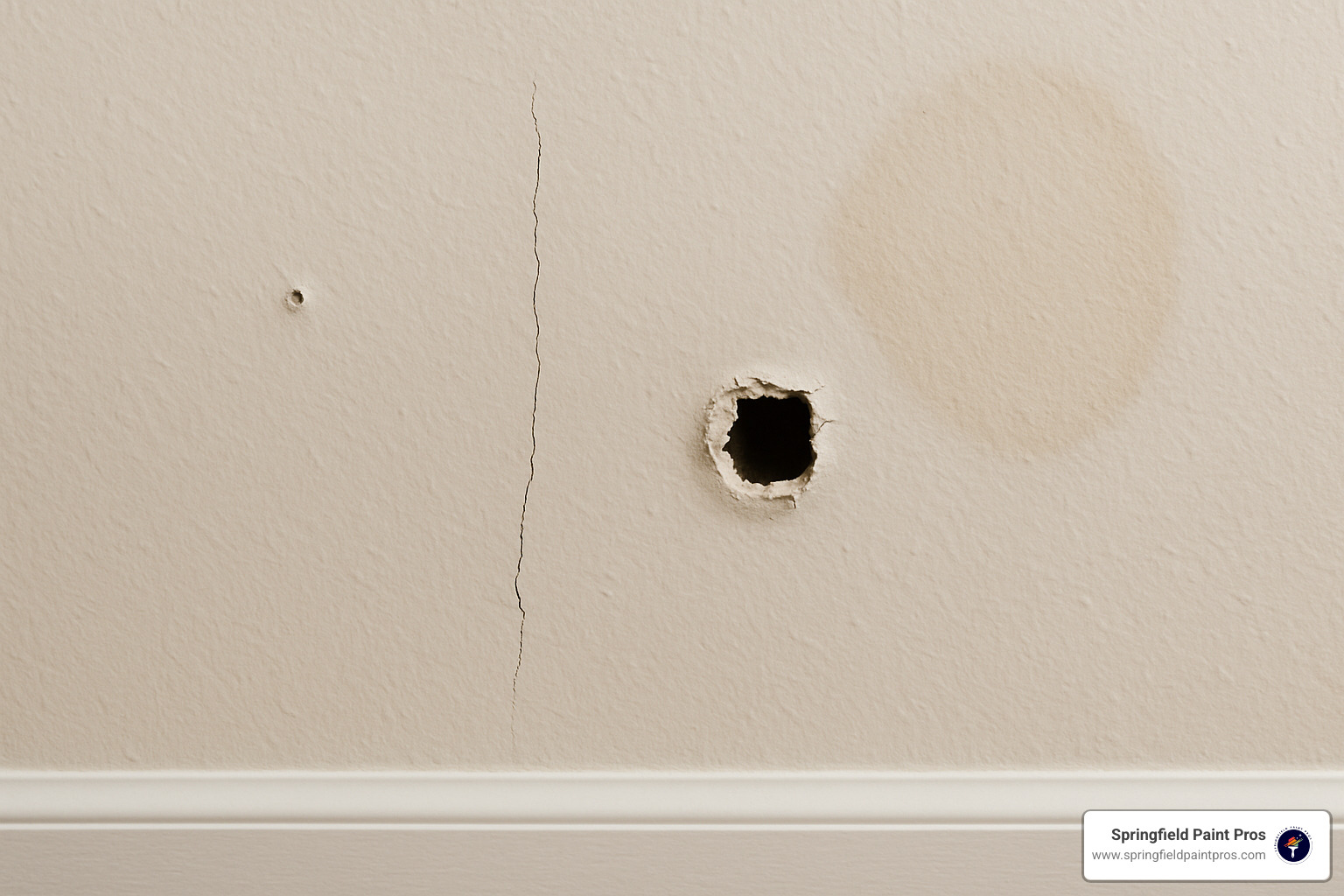 Common types of drywall damage including nail pops, cracks, holes, and water stains - drywall repair and painting