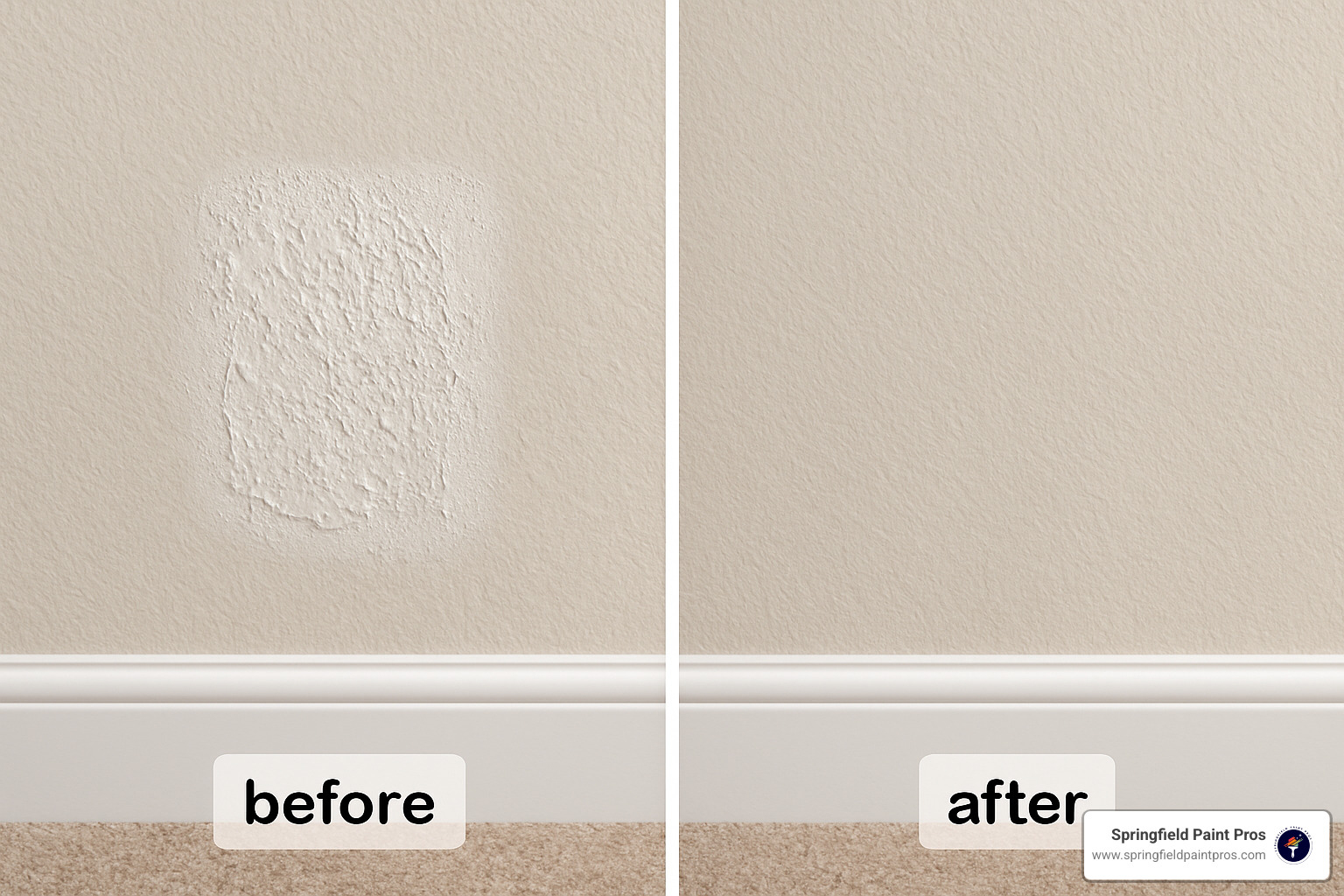 Texture blending techniques showing before and after shots of seamless texture matching - drywall repair and painting