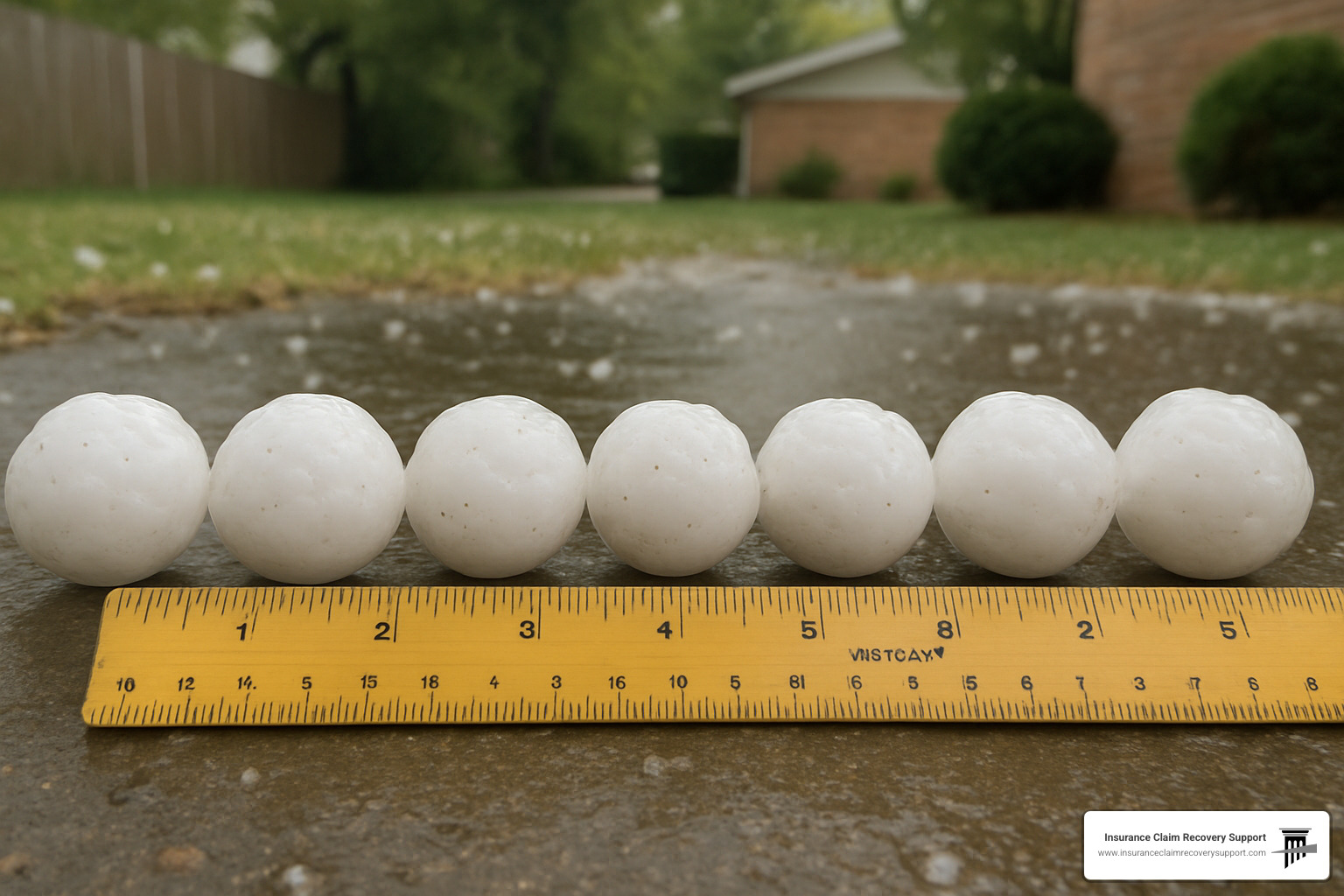 Golf ball-sized hail next to ruler showing measurement scale - hail insurance claim process