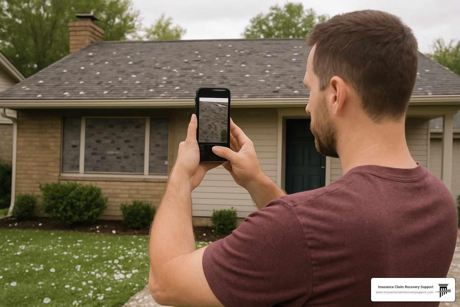 Homeowner photographing roof damage with smartphone while standing safely on ground - hail insurance claim process