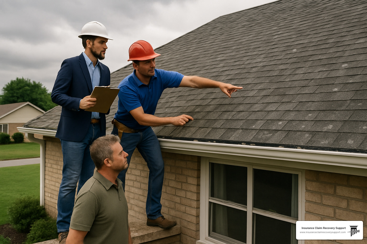 Insurance adjuster and roofing contractor examining hail damage on roof while homeowner observes from ground - hail insurance claim process