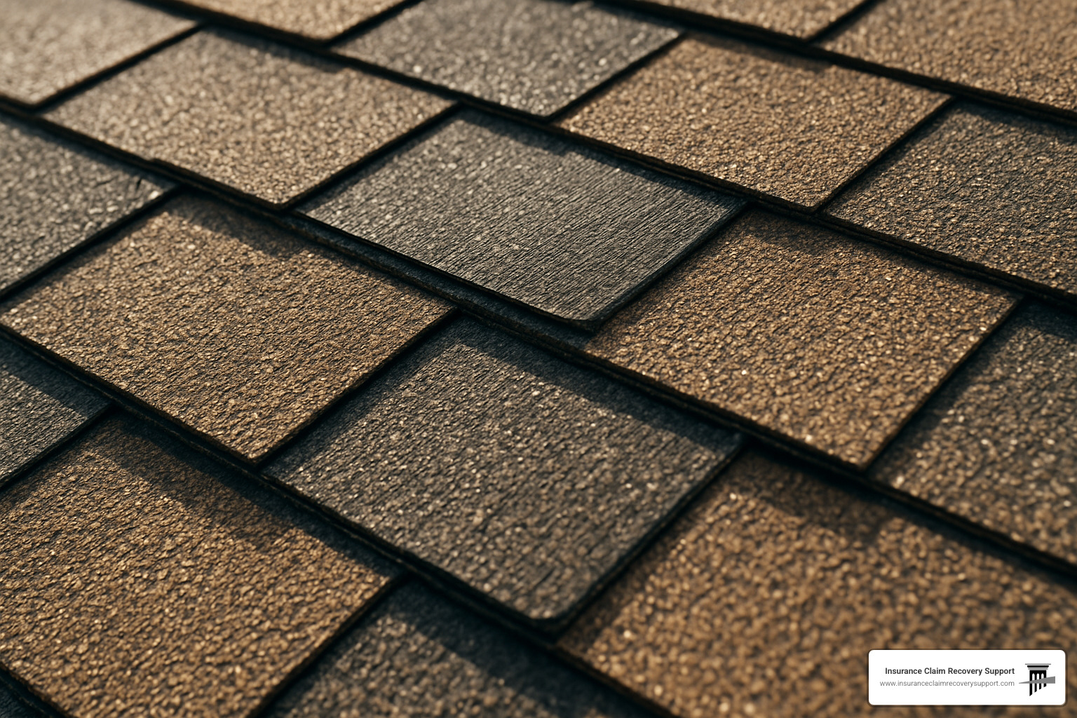 Close-up view of Class 4 impact-resistant shingles showing advanced protection features - hail insurance claim process