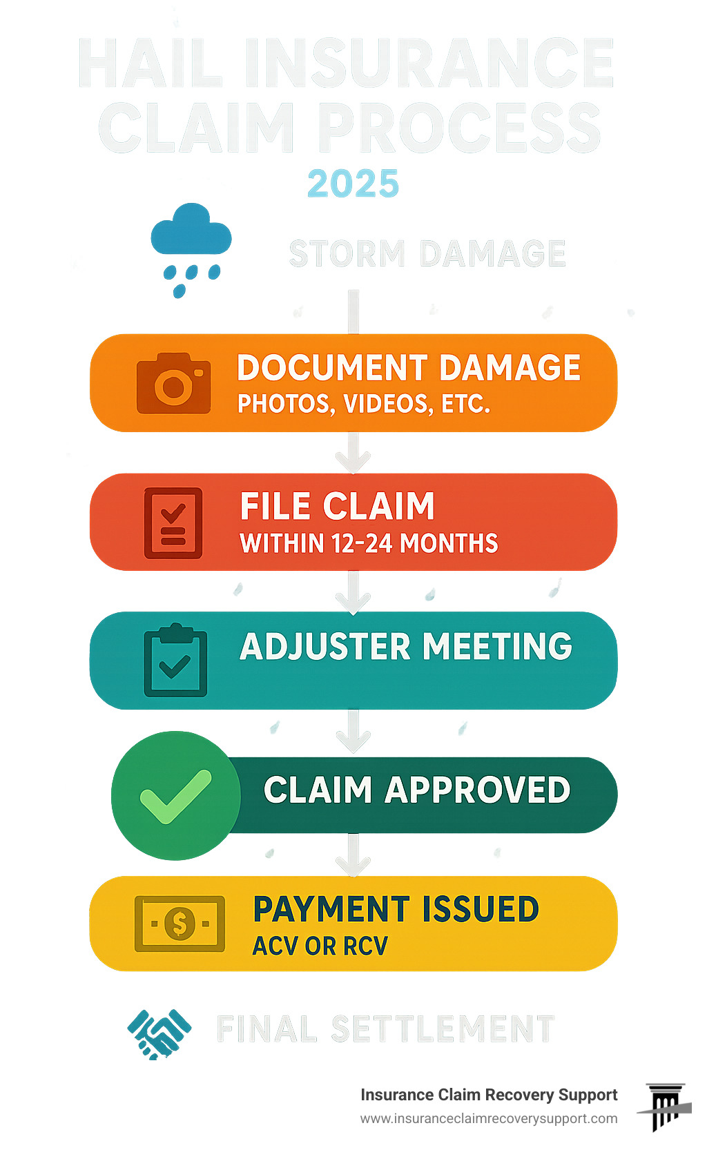 Comprehensive hail insurance claim process flowchart showing steps from storm damage through final settlement, including documentation requirements, filing deadlines, adjuster meetings, and payment stages - hail insurance claim process infographic 