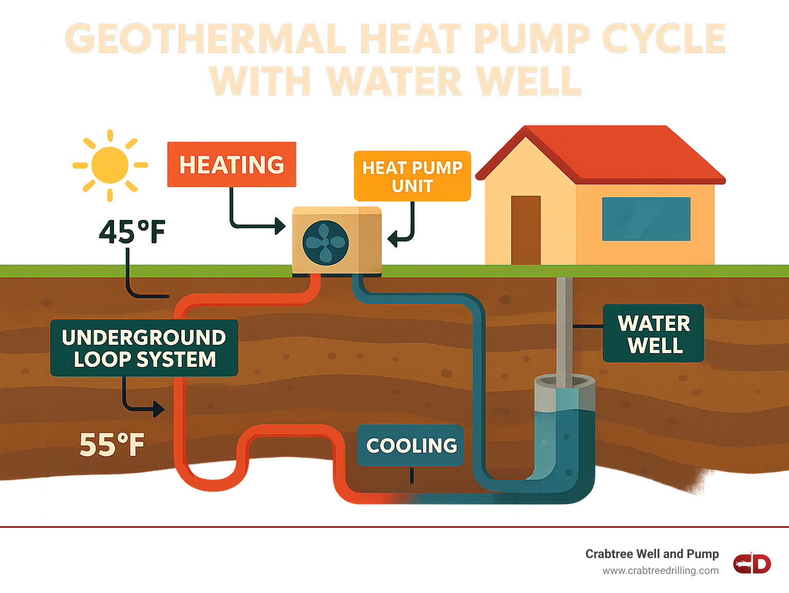 Infographic showing the complete geothermal heat pump cycle with water well integration, including underground loop system, heat pump unit, and seasonal heating/cooling operation with temperature differentials - can you use geothermal when you drill for well infographic 