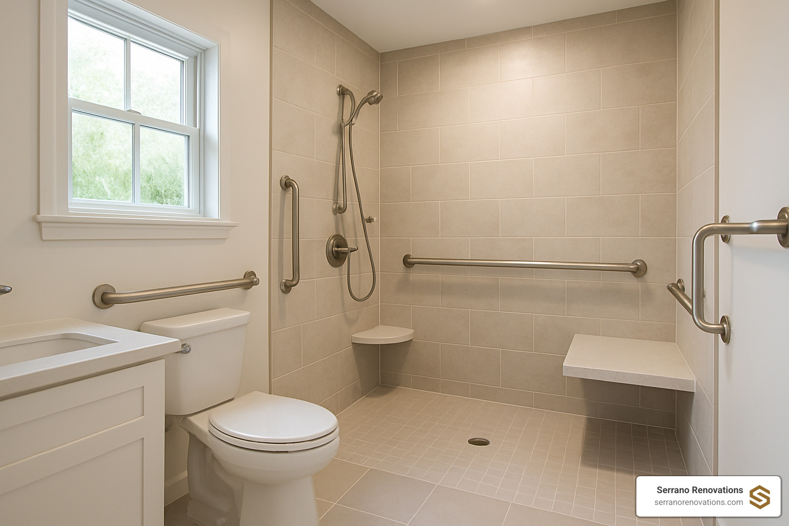 barrier-free shower with grab bars and built-in seating - bath renovations near me