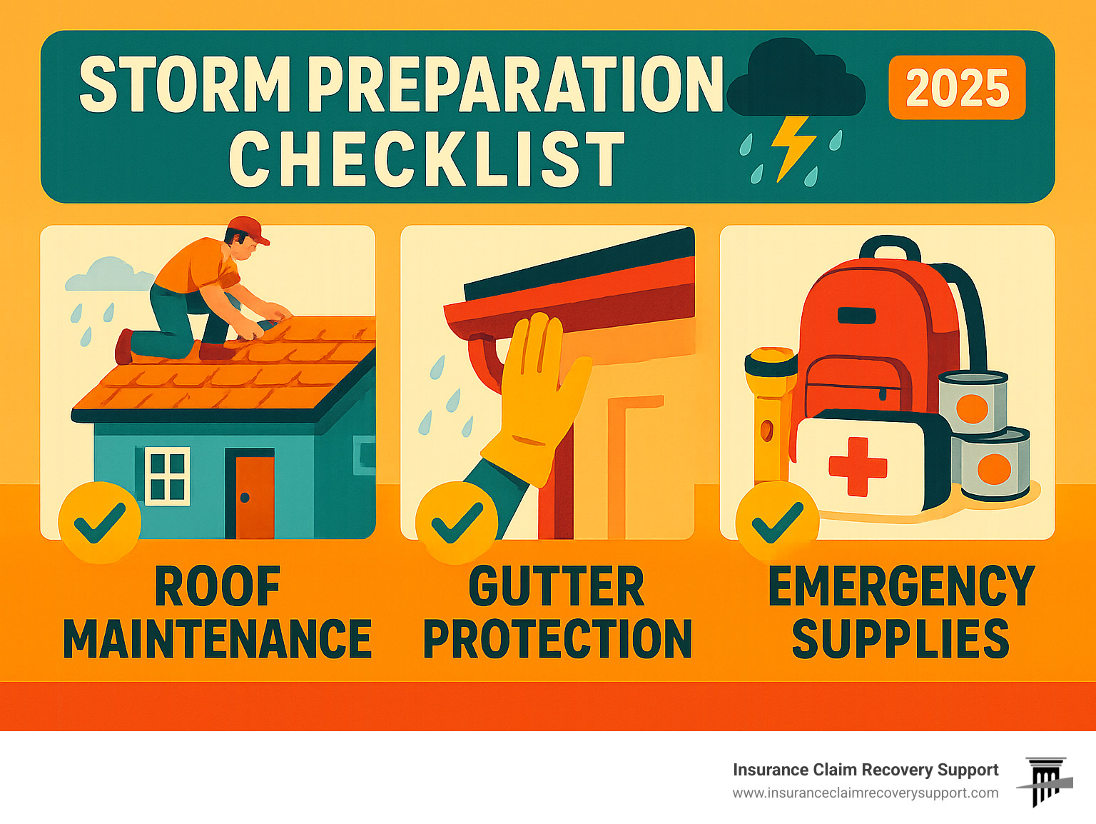 Comprehensive storm preparation checklist showing roof maintenance, gutter protection, and emergency supplies - hail insurance claim process infographic 