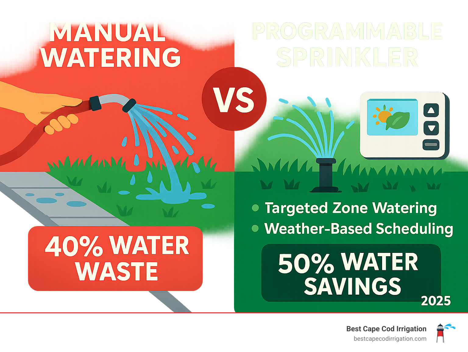Infographic showing comparison between manual watering with 40% water waste through overspray and runoff versus programmable sprinkler system with targeted zone watering, weather-based scheduling, and 50% water savings - programmable sprinkler infographic 