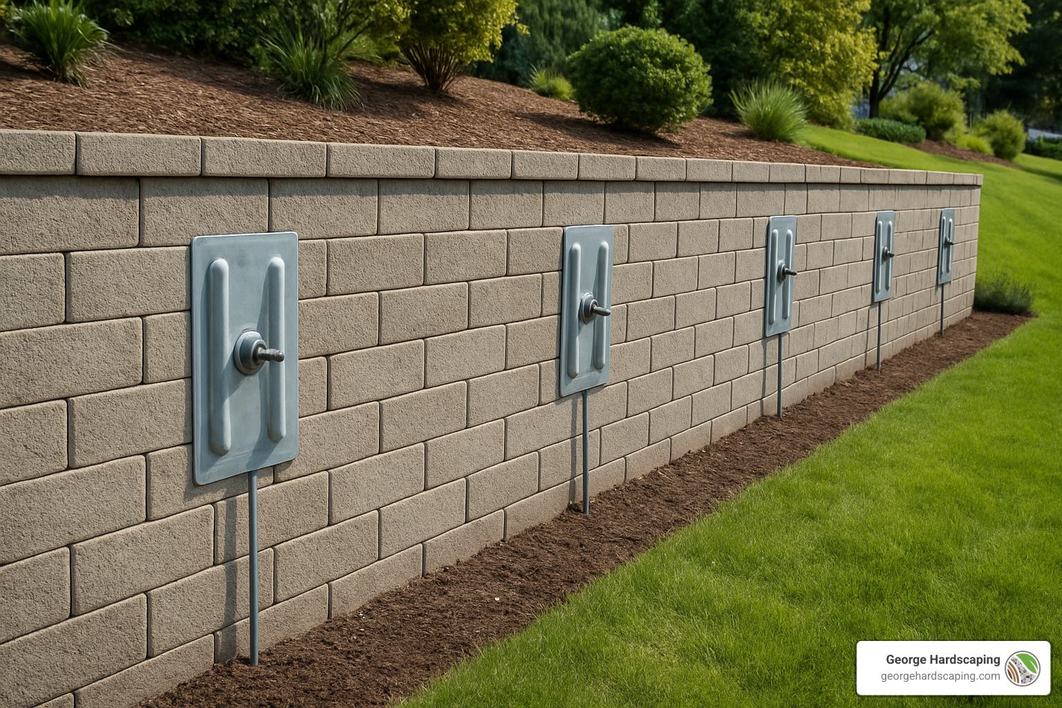 straightened concrete block retaining wall with visible anchor plates - retaining wall anchors