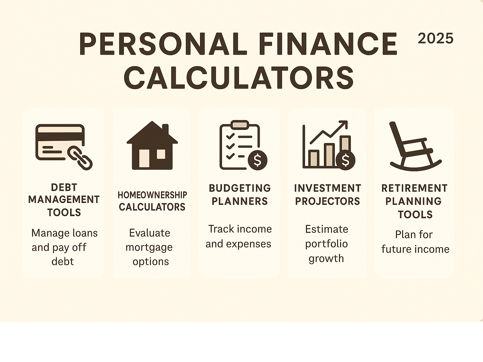 Infographic showing different categories of personal finance calculators organized by purpose: debt management tools, homeownership calculators, budgeting planners, investment projectors, and retirement planning tools, with icons and brief descriptions for each category - personal finance calculator infographic 