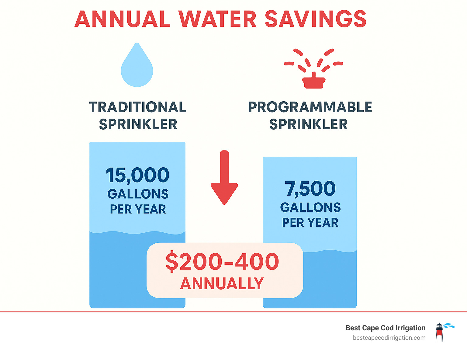 Infographic showing annual water savings: traditional sprinkler system using 15,000 gallons per year versus programmable system using 7,500 gallons per year, with dollar savings of $200-400 annually - programmable sprinkler infographic 