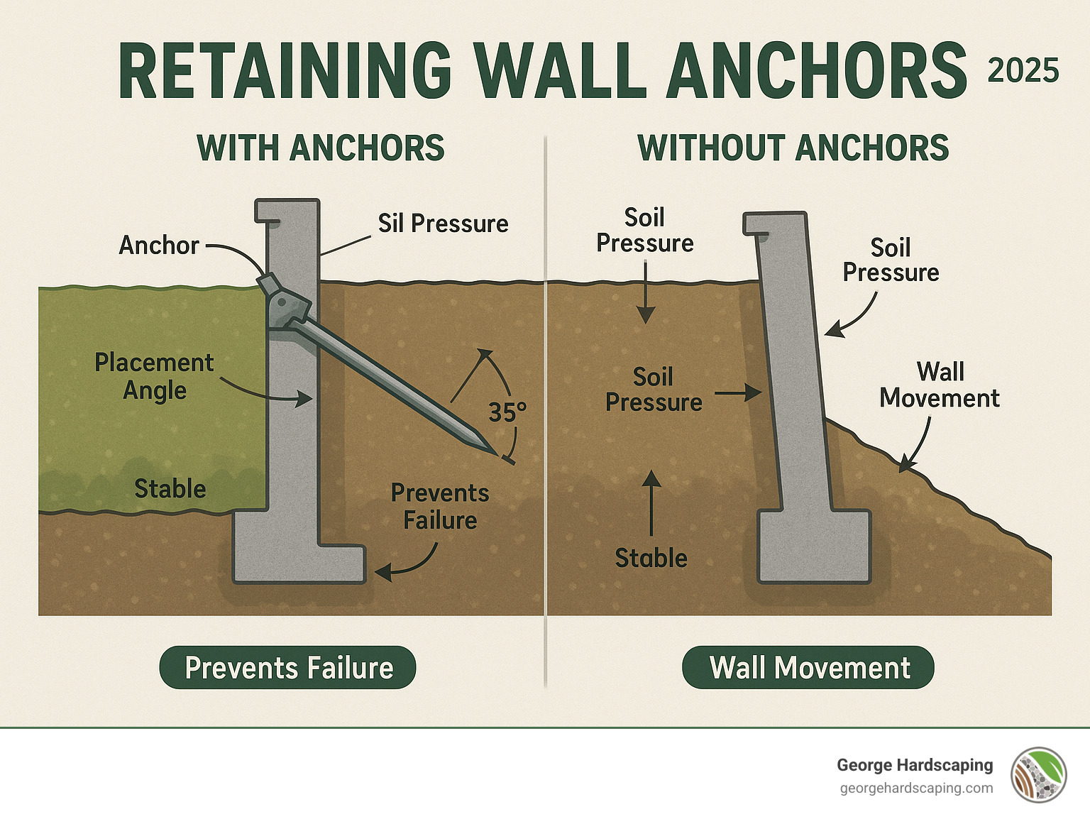Detailed infographic showing cross-section comparison of retaining wall with and without anchors, illustrating soil pressure forces, anchor placement angles, load distribution, and failure prevention mechanisms - retaining wall anchors infographic 