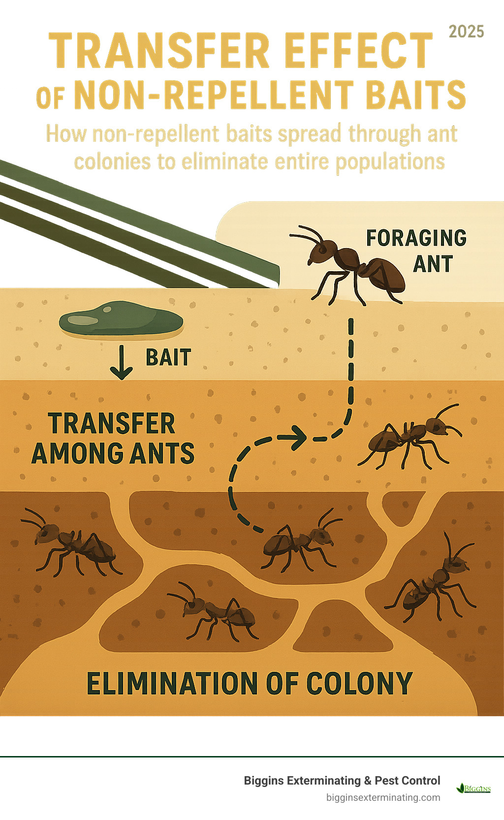 Transfer effect diagram showing how non-repellent baits spread through ant colonies to eliminate entire populations - ants in attic insulation infographic 