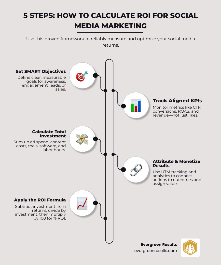 Comprehensive infographic showing social media ROI calculation framework with 5 steps: setting SMART objectives, tracking KPIs like CTR and ROAS, calculating total investment including labor and ad spend, attributing results through analytics tools, and applying the ROI formula with example calculations showing 334% ROI for social campaigns - how to calculate roi for social media marketing infographic infographic-line-5-steps-neat_beige