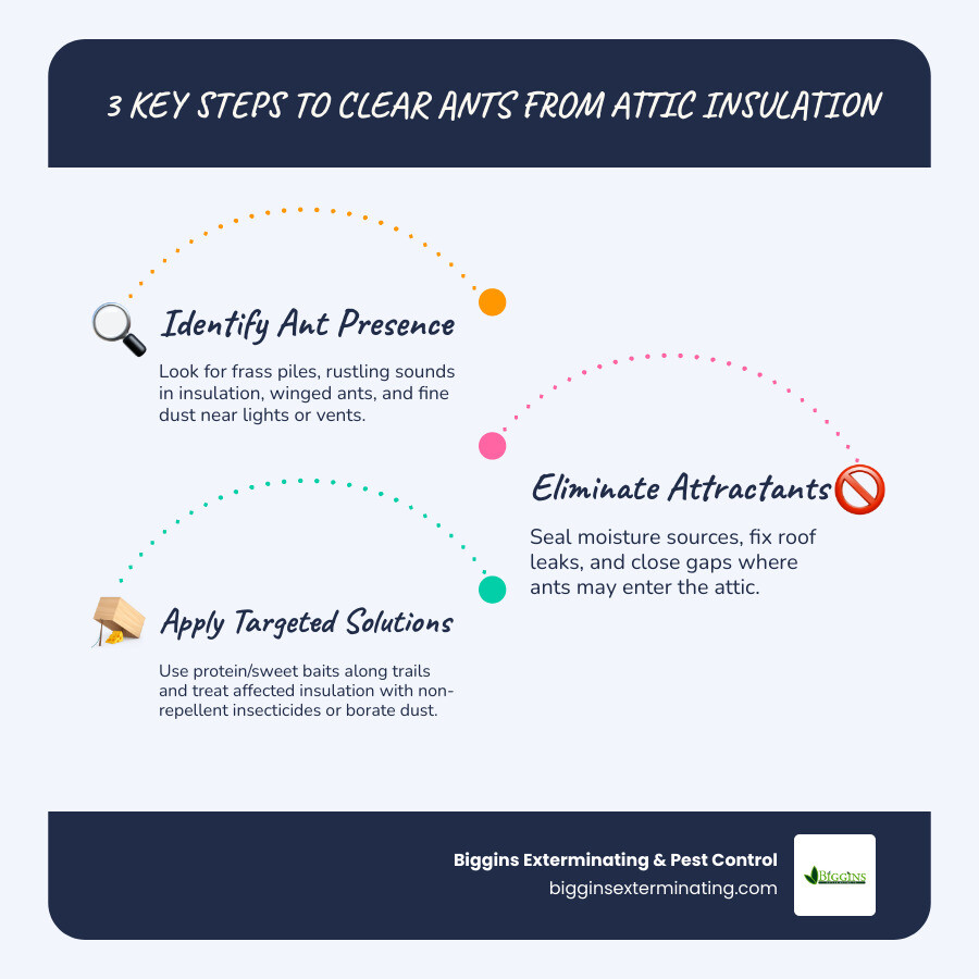 Comprehensive guide showing ant species identification, insulation vulnerability comparison, and step-by-step removal process for attic ant infestations - ants in attic insulation infographic infographic-line-3-steps-blues-accent_colors