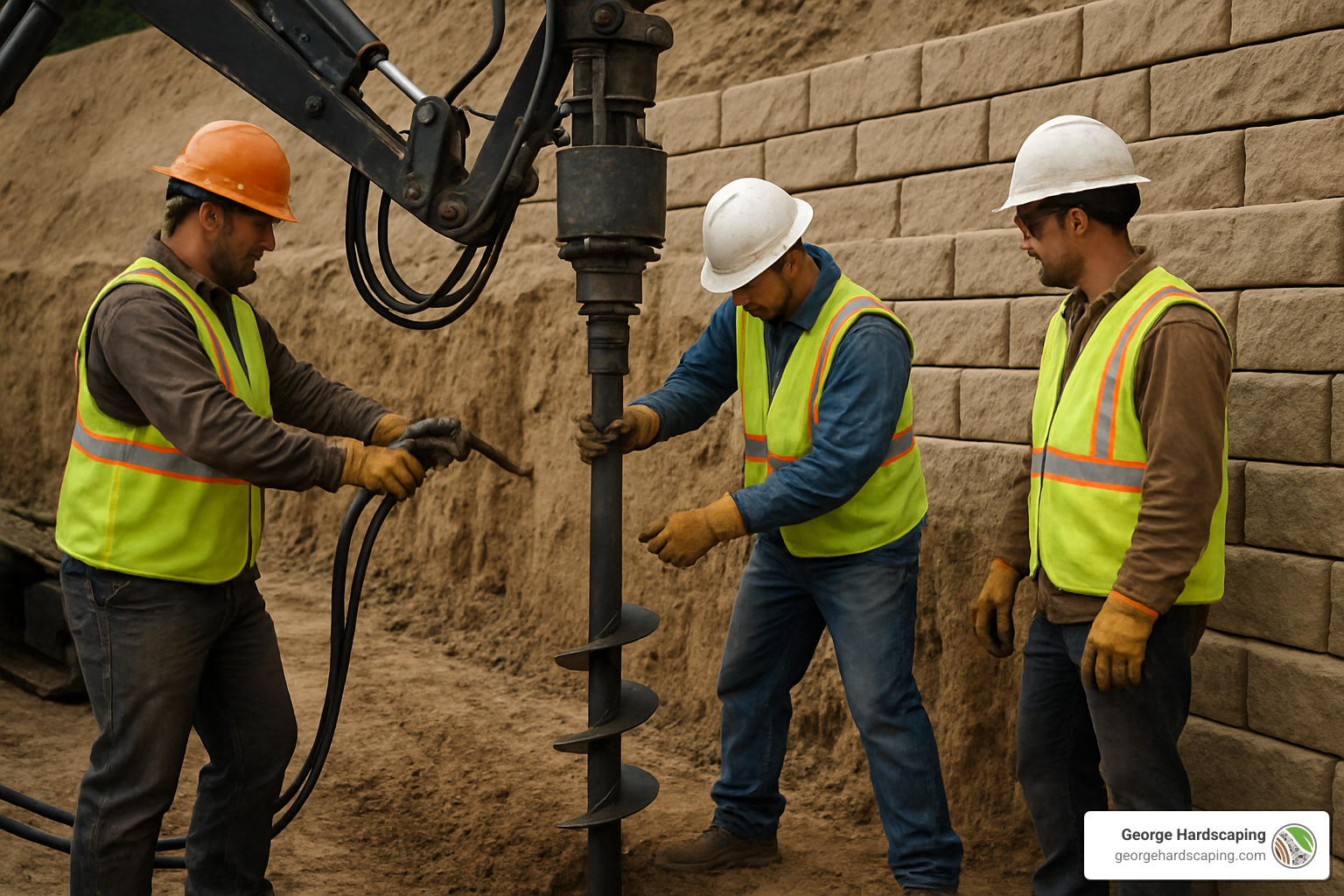 professional crew installing helical anchor with drilling equipment - retaining wall anchors