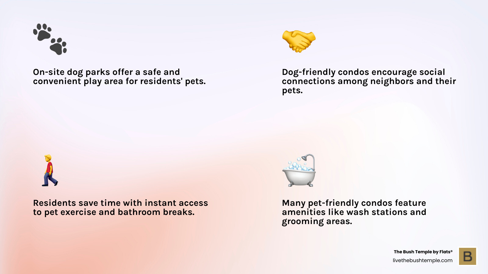 Infographic: Key benefits and features of condos for rent with dog parks—including on-site play areas, pet wash stations, resident social events, and easy access to walking trails - condo for rent with dog park infographic 4_facts_emoji_light-gradient