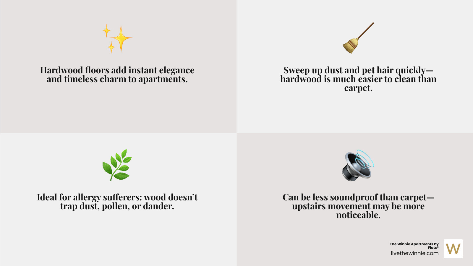 infographic showing benefits of hardwood floors vs carpet and laminate: easier cleaning, longer lifespan, less dust and allergens, neat style, possible sound transfer, and climate considerations - apartments with hardwood floors infographic 4_facts_emoji_grey