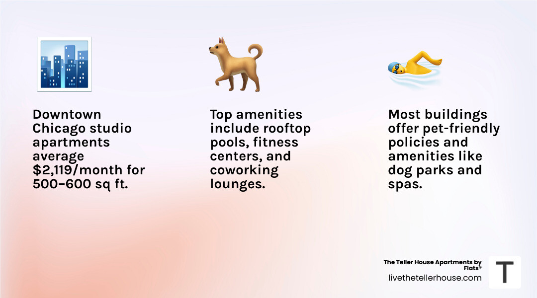 infographic: Average rent and square footage by apartment type in downtown Chicago, highlighting amenities like in-unit laundry, pools, and pet-friendly policies. - apartments for rent near downtown chicago infographic 3_facts_emoji_light-gradient