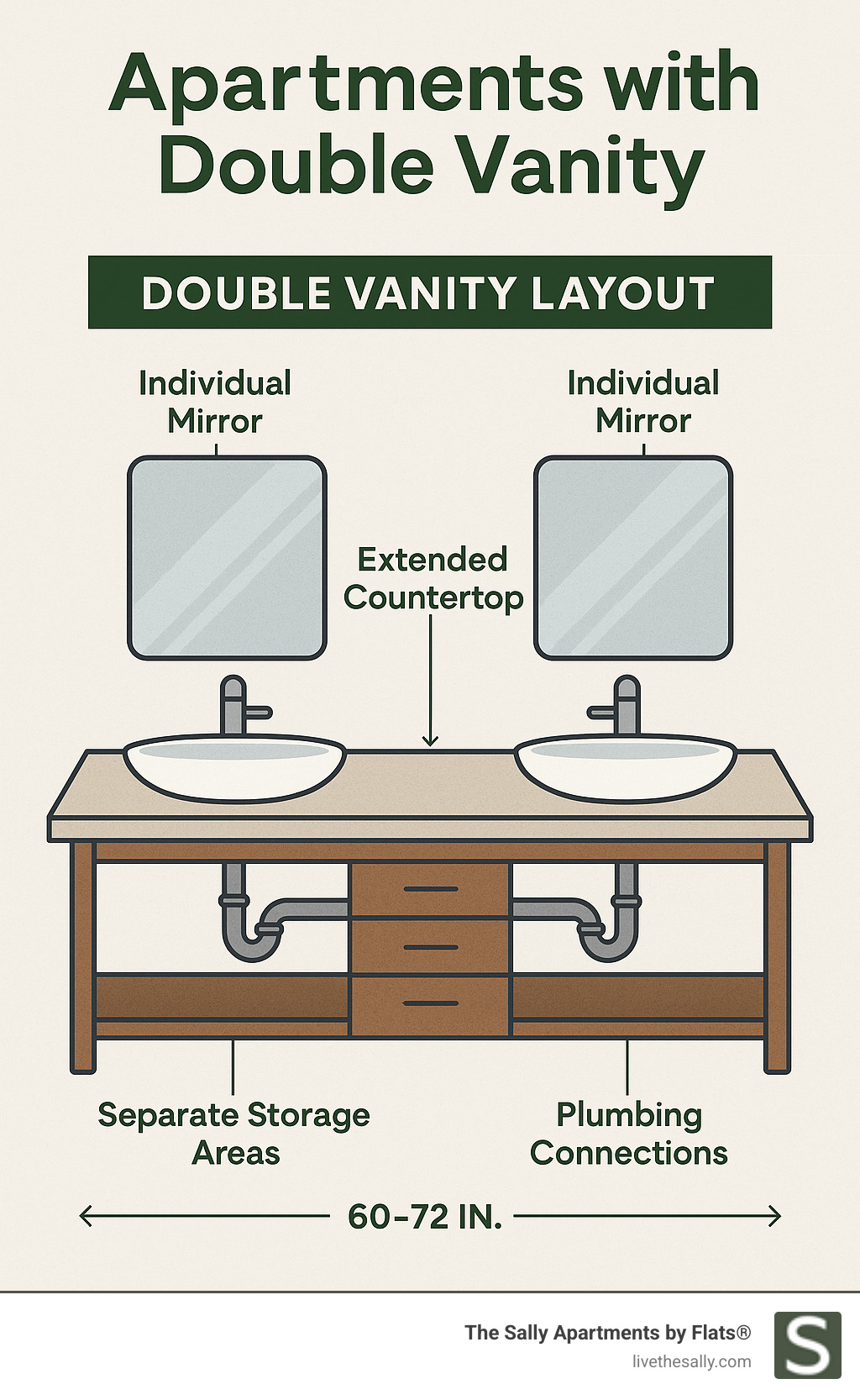Infographic showing double vanity layout with two sinks, extended countertop, separate storage areas, and dimensions ranging from 60-72 inches wide with individual mirror zones and plumbing connections - Apartments with double vanity infographic 
