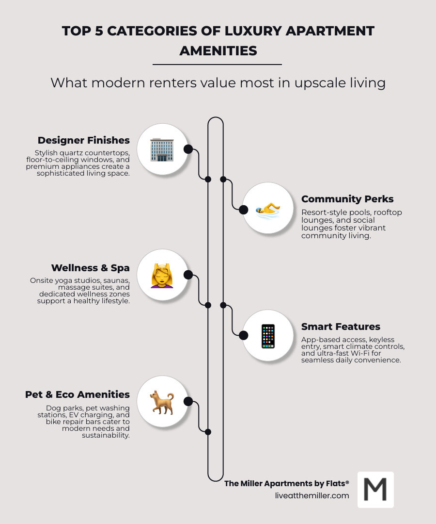 Infographic showing the top 10 categories of luxury apartment amenities: designer finishes, resort-style perks, smart home tech, pet-friendly features, coworking/social lounges, wellness & spa, EV charging, bike storage, package solutions, and community events. - apartments with luxury amenities infographic infographic-line-5-steps-neat_beige