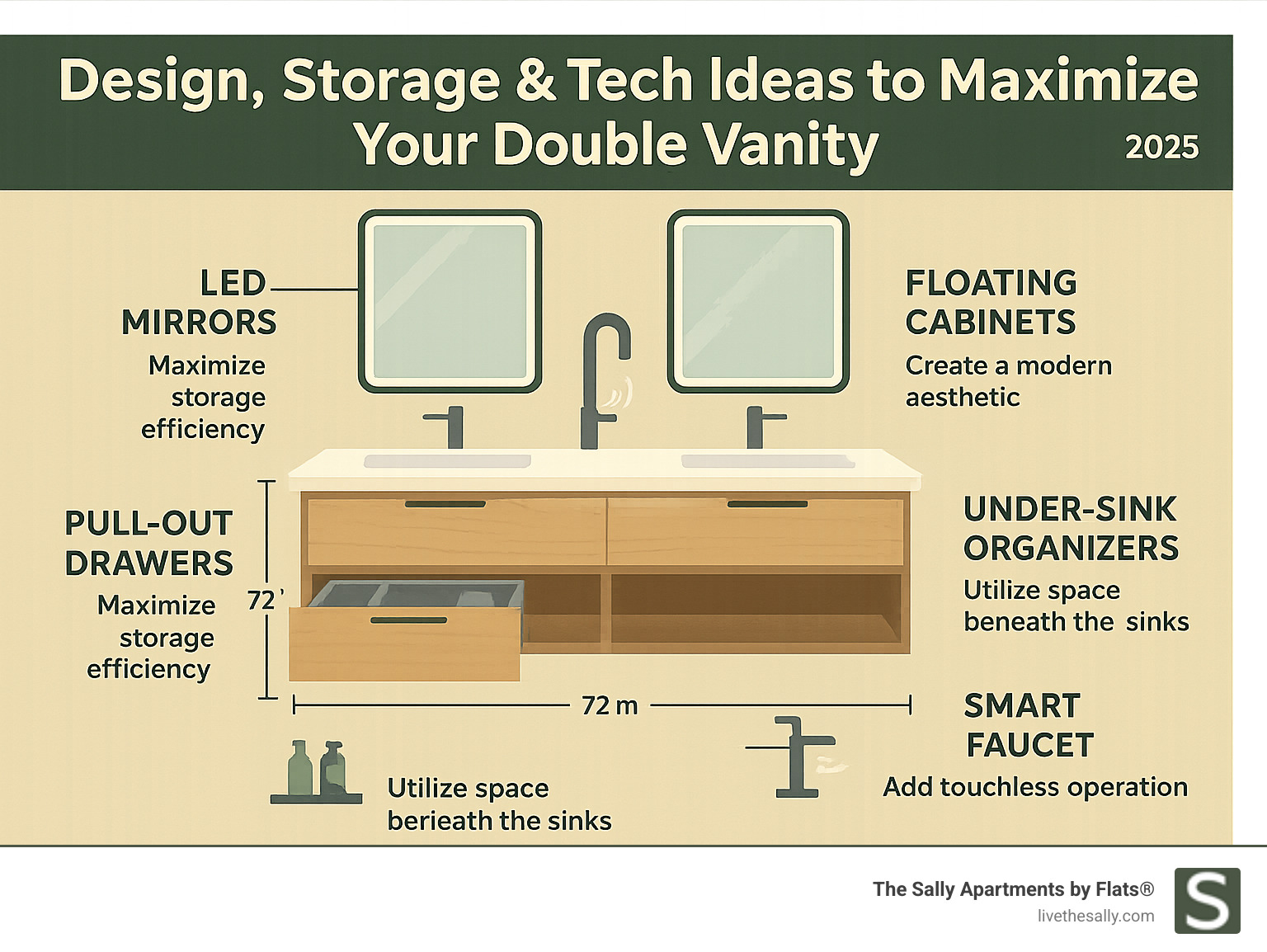 Infographic showing double vanity storage solutions including pull-out drawers, floating cabinets, LED mirrors, under-sink organizers, and smart faucet options with measurements and installation tips - Apartments with double vanity infographic 