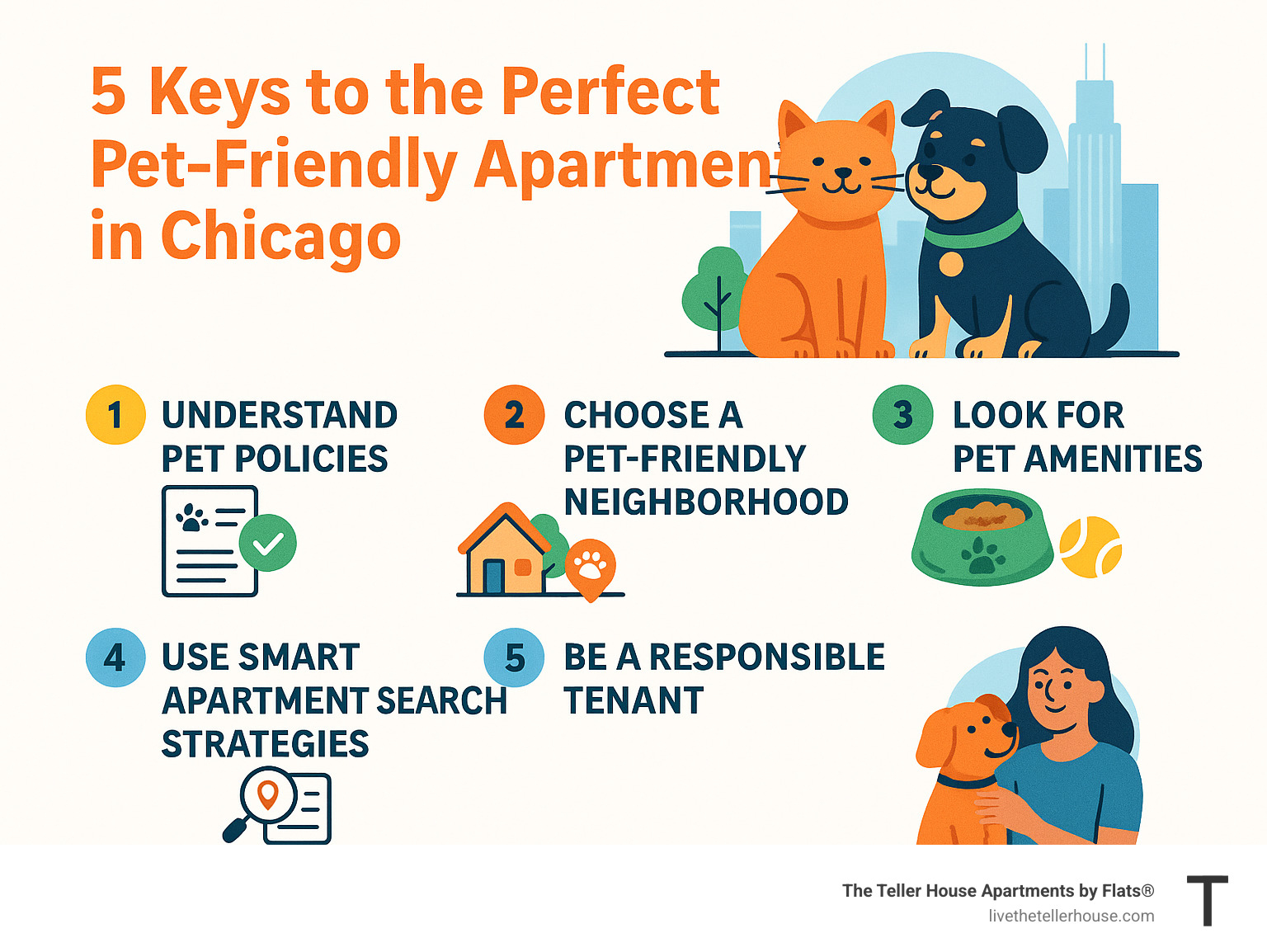 Infographic showing the 5 keys to finding the perfect pet-friendly apartment in Chicago: 1. Understand pet policies, 2. Choose a pet-friendly neighborhood, 3. Look for pet amenities, 4. Use smart apartment search strategies, 5. Be a responsible tenant. - pet-friendly apartments chicago infographic Infographic showing the 5 keys to finding the perfect pet-friendly apartment in Chicago: 1. Understand pet policies, 2. Choose a pet-friendly neighborhood, 3. Look for pet amenities, 4. Use smart apartment search strategies, 5. Be a responsible tenant. - pet-friendly apartments chicago infographic