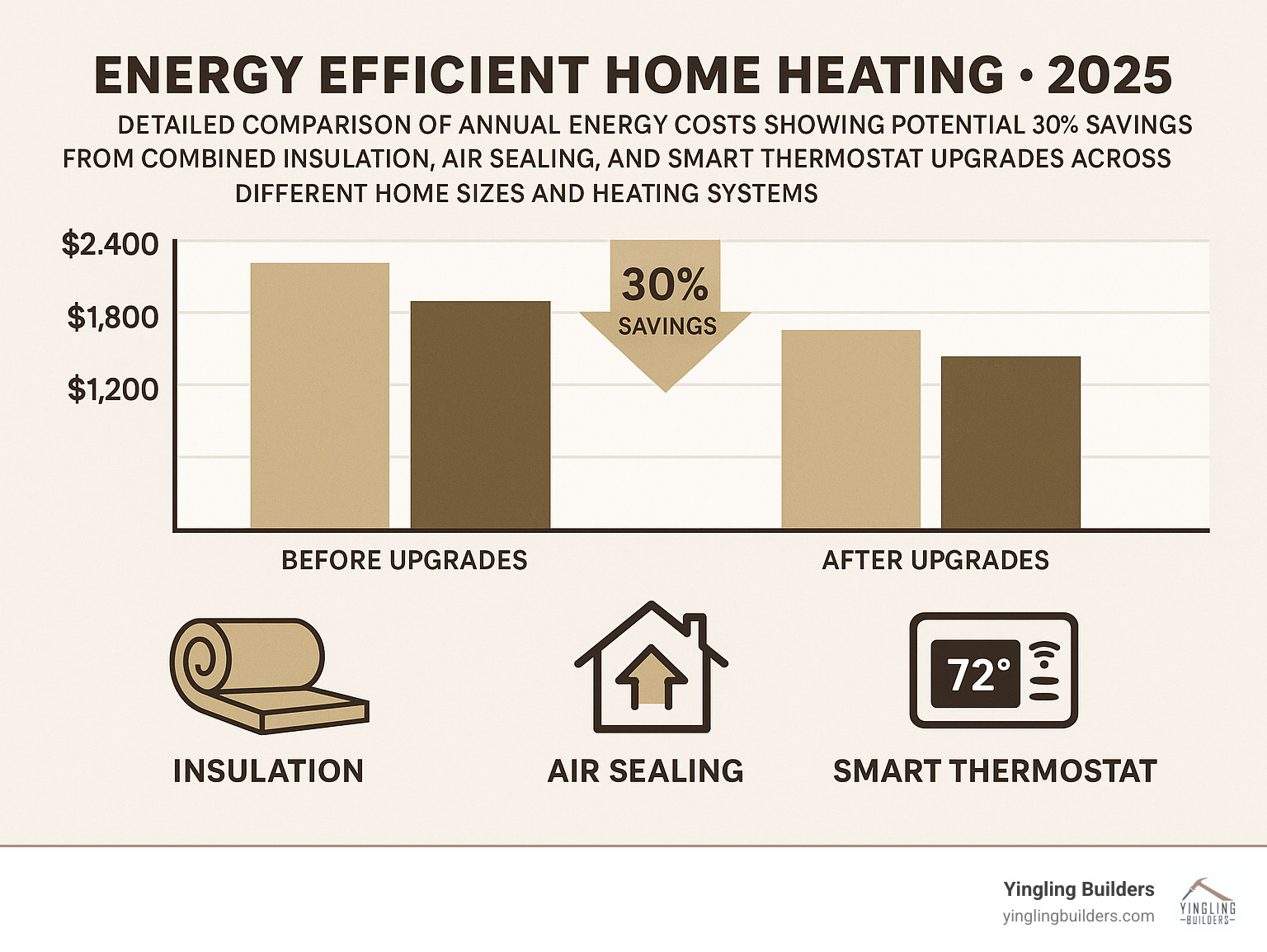 Detailed comparison of annual energy costs showing potential 30% savings from combined insulation, air sealing, and smart thermostat upgrades across different home sizes and heating systems - energy efficient home heating infographic 
