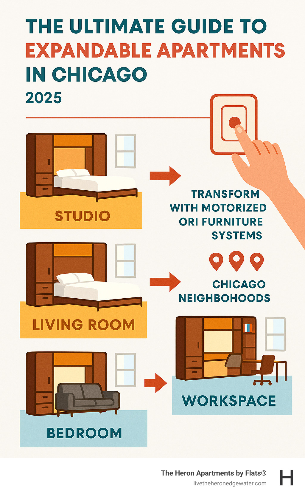 Infographic showing how expandable apartments transform from studio to bedroom to living room to workspace using motorized Ori furniture systems with touchpad controls in Chicago neighborhoods - expandable apartments in Chicago infographic 