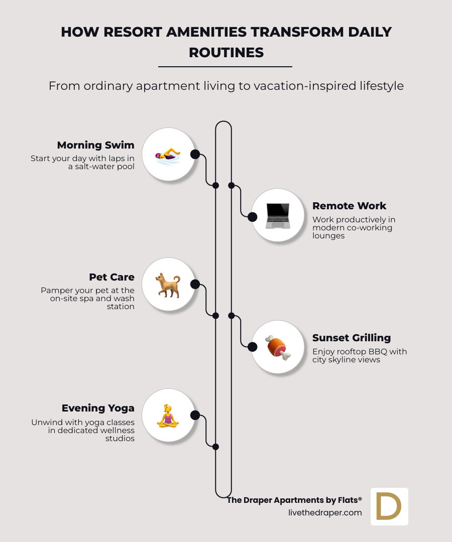 Infographic showing how resort amenities transform routines: morning swim in salt-water pool, remote work in co-working lounge, pet care at on-site spa, sunset grilling on rooftop, and evening yoga in studio - apartments with resort amenities infographic infographic-line-5-steps-neat_beige
