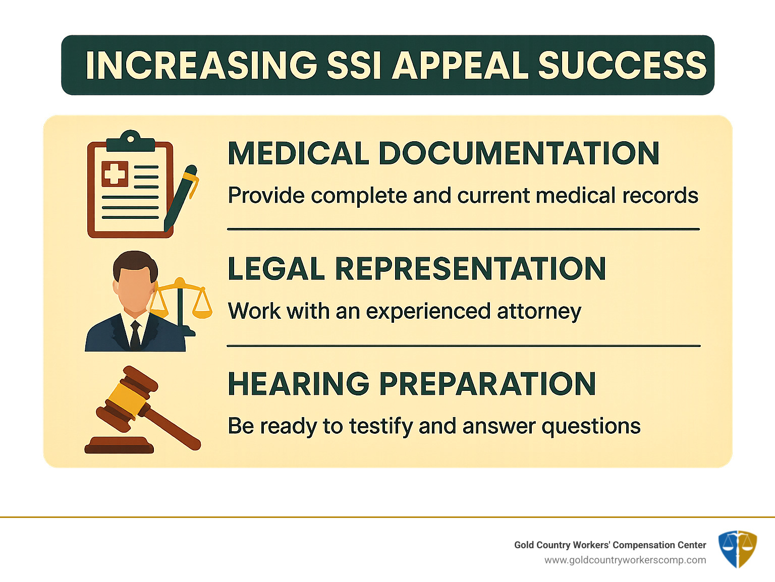 Infographic showing key factors that increase SSI appeal success rates including medical documentation, legal representation, and proper hearing preparation - lawyer for ssi appeals infographic 