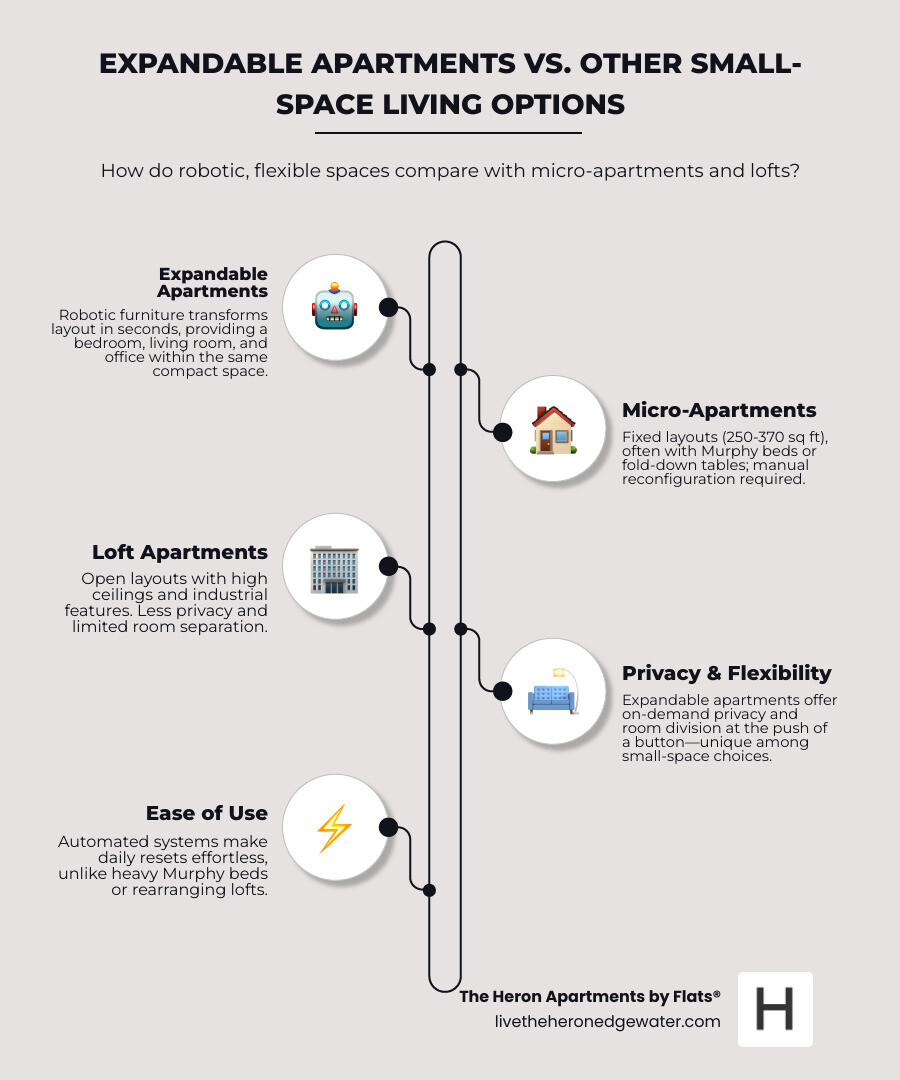 Comparison of expandable apartments vs micro-apartments vs loft apartments - expandable apartments in Chicago infographic infographic-line-5-steps-neat_beige