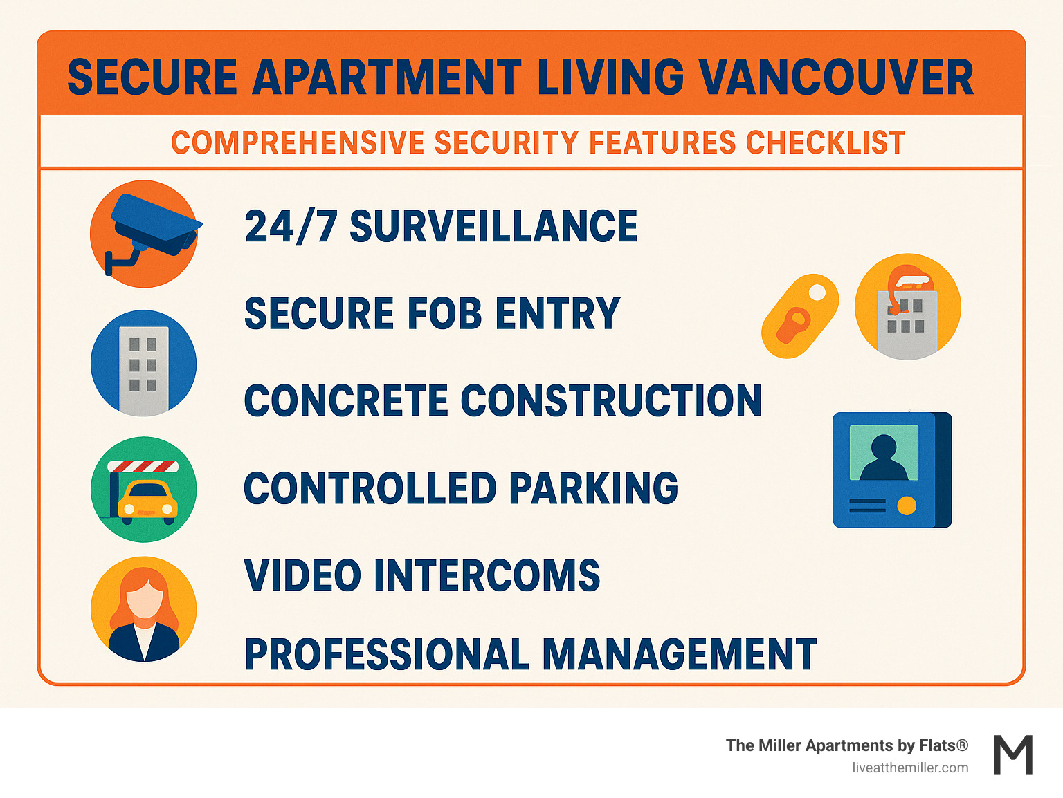Comprehensive apartment security features checklist including 24/7 surveillance, secure fob entry, concrete construction, controlled parking, video intercoms, and professional management services - secure apartment living Vancouver infographic Comprehensive apartment security features checklist including 24/7 surveillance, secure fob entry, concrete construction, controlled parking, video intercoms, and professional management services - secure apartment living Vancouver infographic