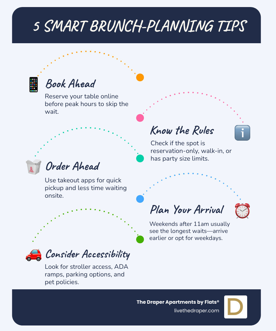 Infographic showing brunch planning tips including reservation apps, peak hours, and ordering strategies - brunch spots near me infographic infographic-line-5-steps-blues-accent_colors