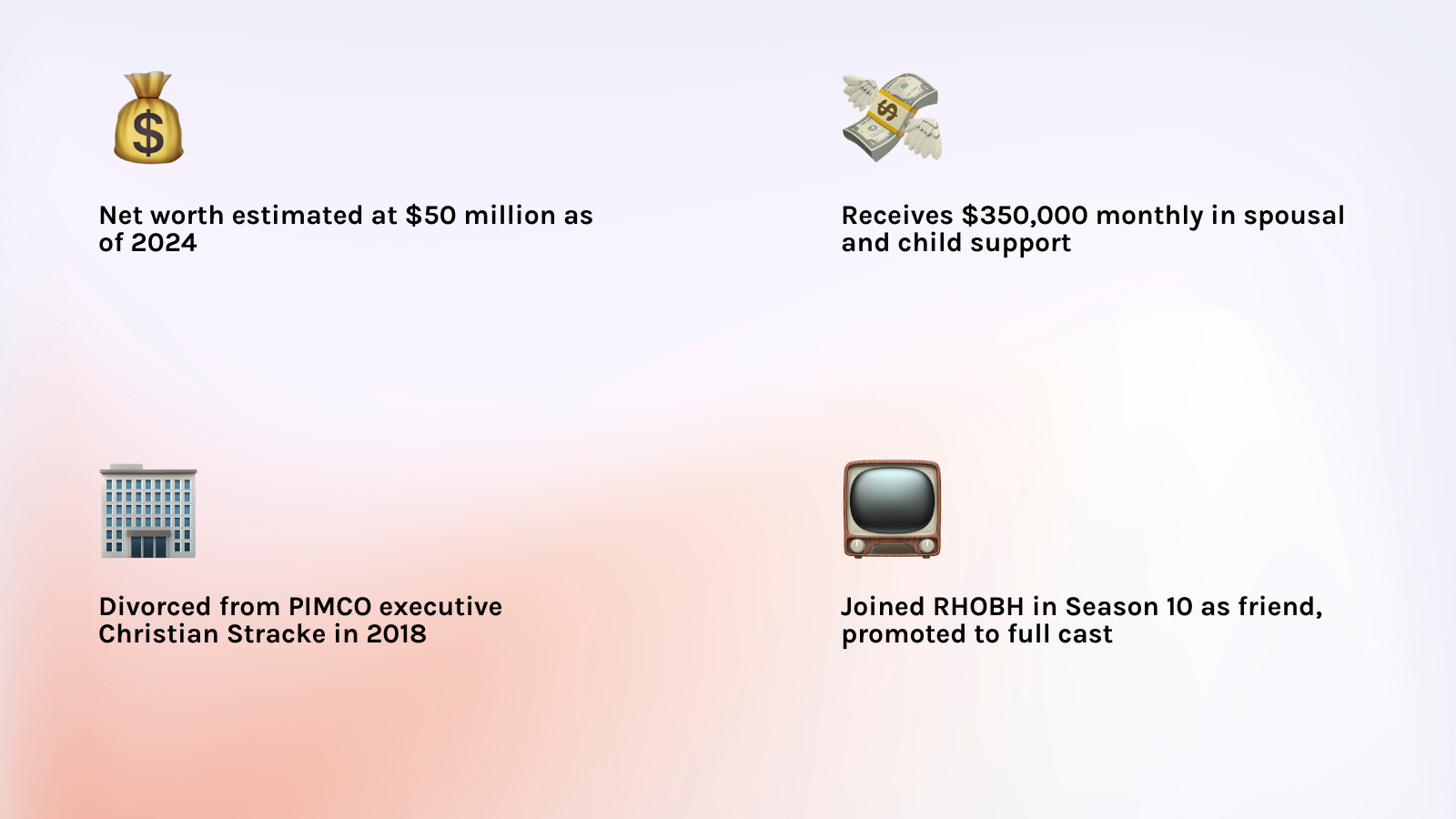 Comprehensive infographic showing Sutton Stracke's wealth sources including divorce settlement, business income, and investment returns - sutton stracke net worth infographic 4_facts_emoji_light-gradient
