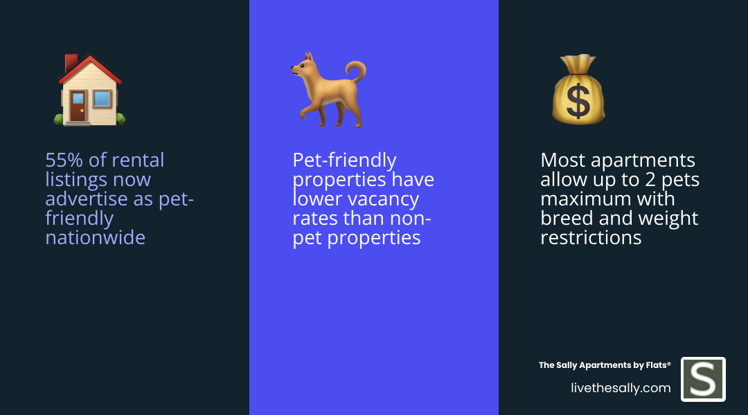 Comprehensive breakdown of pet-friendly apartment statistics showing percentage of pet-friendly listings by city, average pet fees and deposits, common breed restrictions, and typical amenities offered in pet-friendly communities - apartment pet friendly infographic 3_facts_emoji_blue