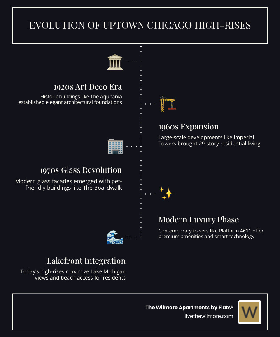 Infographic showing the evolution of Uptown Chicago high-rises from 1920s Art Deco buildings to modern glass towers, highlighting key buildings, amenities, and neighborhood features like Montrose Beach proximity and transit scores - high rise uptown chicago infographic infographic-line-5-steps-dark