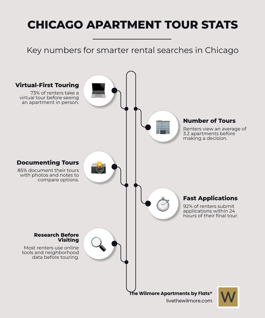 Infographic showing apartment tour statistics: 73% of renters take virtual tours first, average of 3.2 apartments toured before deciding, 85% of renters document tours with photos, 92% complete applications within 24 hours of final tour - apartment tours chicago infographic infographic-line-5-steps-neat_beige