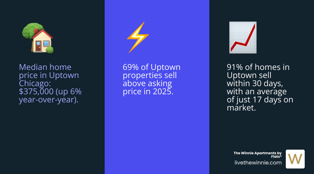 Chicago Uptown real estate market trends showing median home prices, days on market, and percentage of homes selling above asking price from 2024 to 2025 - Chicago Uptown real estate market infographic 3_facts_emoji_blue