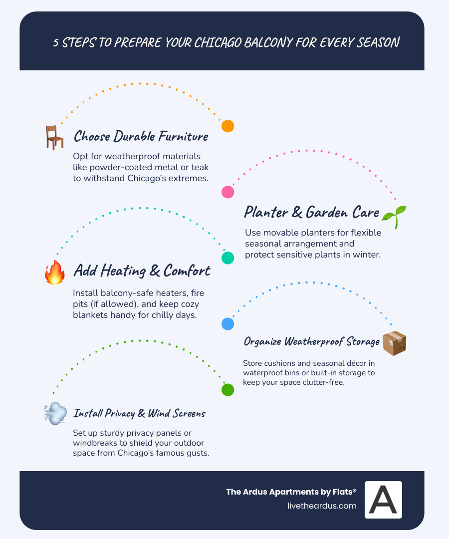 Infographic showing seasonal balcony preparation tips for Chicago weather, including furniture storage, plant care, and heating options - Chicago apartments with balconies infographic infographic-line-5-steps-blues-accent_colors Infographic showing seasonal balcony preparation tips for Chicago weather, including furniture storage, plant care, and heating options - Chicago apartments with balconies infographic infographic-line-5-steps-blues-accent_colors