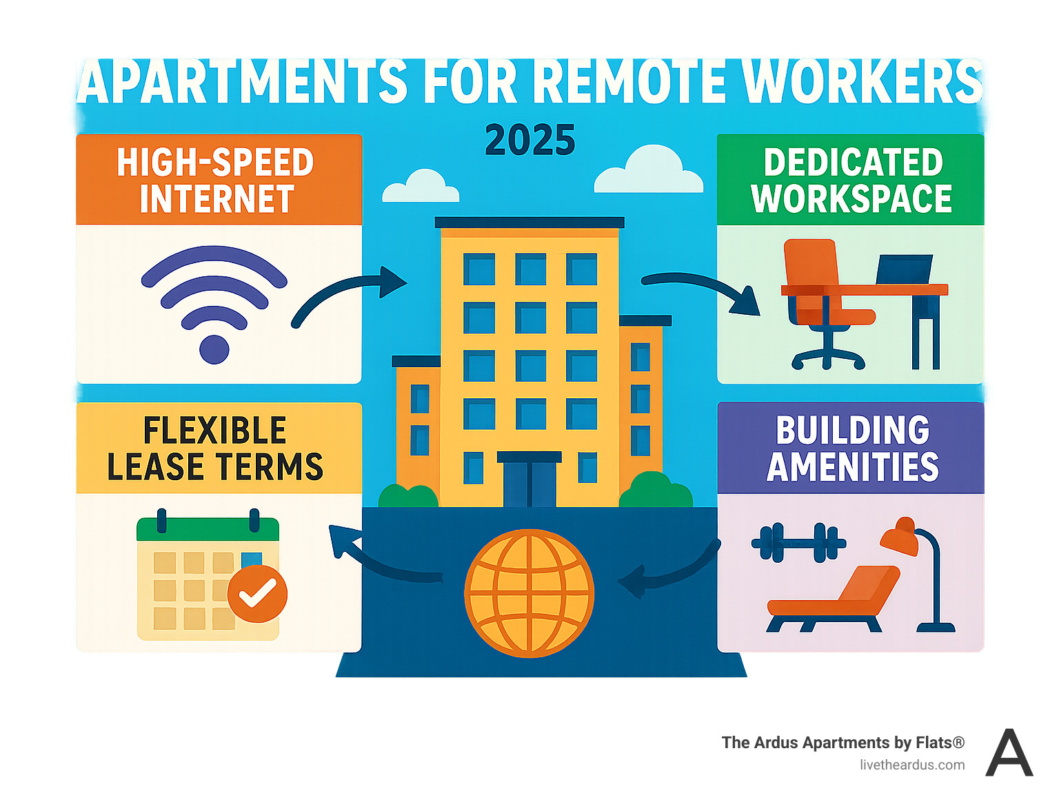 Infographic showing remote worker apartment ecosystem with high-speed internet, dedicated workspace, flexible lease terms, building amenities, and global locations connected by arrows - apartments for remote workers infographic  Infographic showing remote worker apartment ecosystem with high-speed internet, dedicated workspace, flexible lease terms, building amenities, and global locations connected by arrows - apartments for remote workers infographic