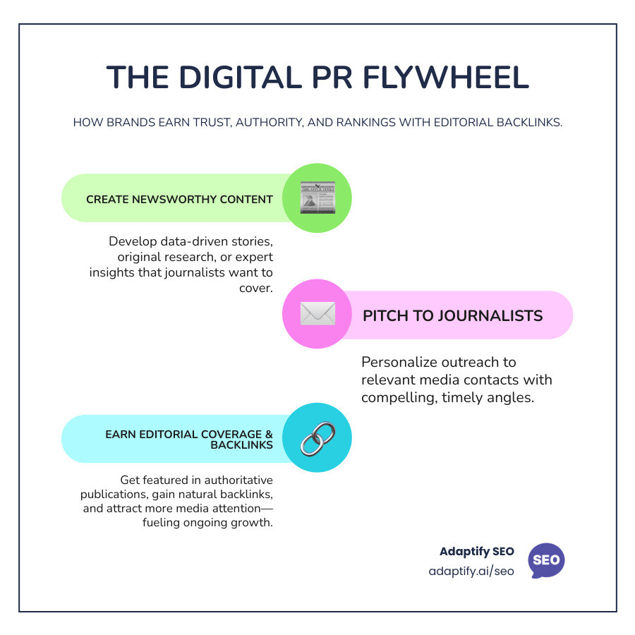 Infographic showing the digital PR flywheel: Create newsworthy content, pitch to journalists, earn editorial coverage, gain backlinks and brand mentions, attract more media attention, repeat cycle with increased authority - digital PR backlinks infographic