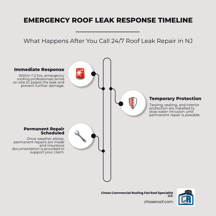 Emergency roof leak repair timeline infographic showing immediate response steps, temporary fixes, and permanent repair scheduling with typical response times and cost factors for New Jersey commercial properties - 24/7 roof leak repair infographic infographic-line-3-steps-neat_beige