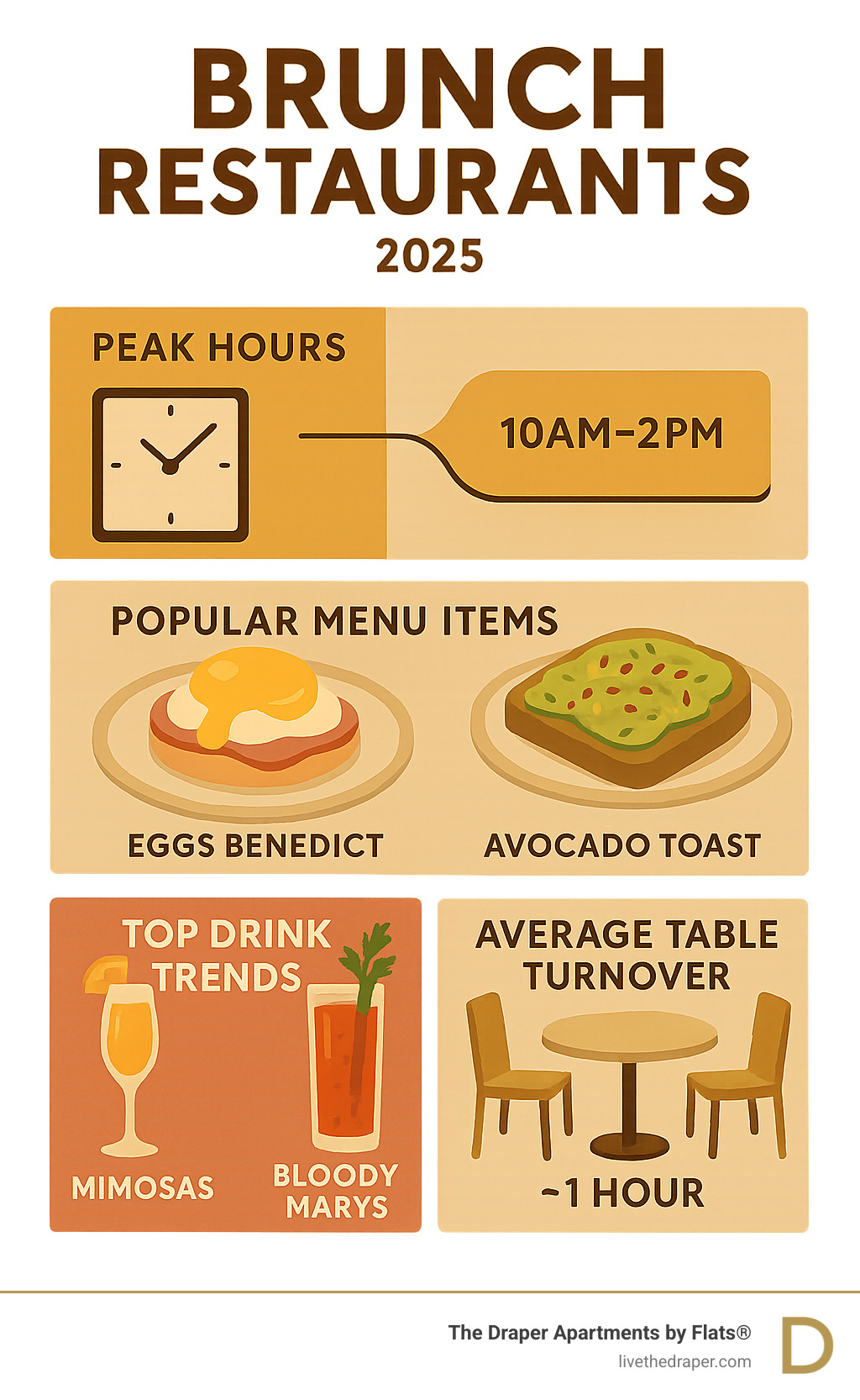 Infographic showing brunch restaurant peak hours from 10am-2pm, most popular menu items including eggs benedict and avocado toast, and top drink trends featuring mimosas and bloody marys with average table turnover times - brunch restaurants infographic 