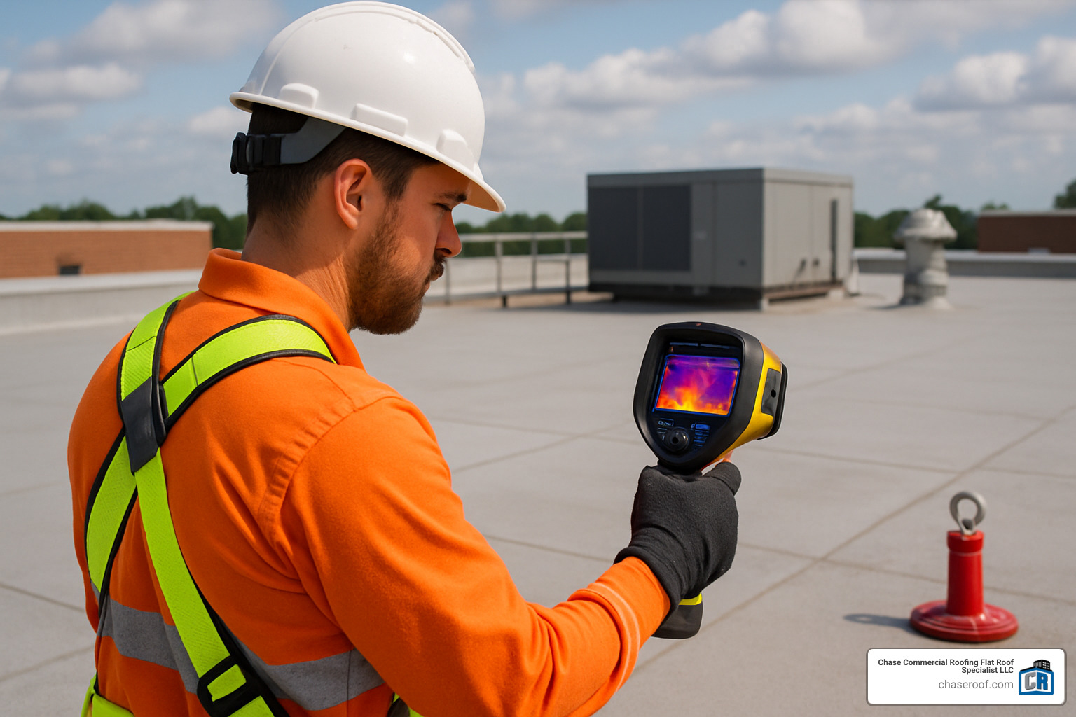 Infrared scanner being used to detect roof leaks - 24/7 roof leak repair
