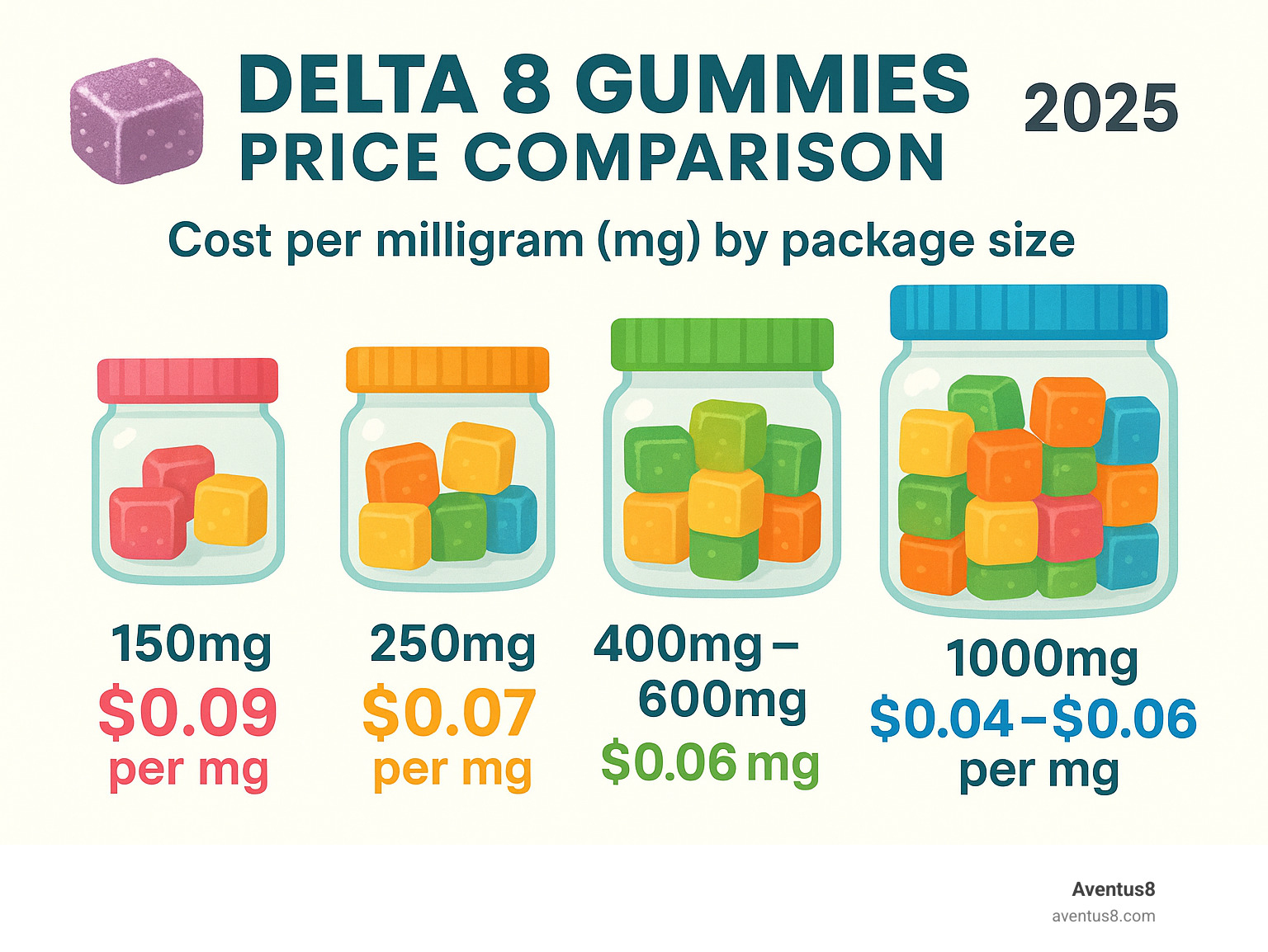 Infographic showing Delta 8 gummies price comparison across different package sizes with cost-per-milligram calculations, highlighting that 1000mg packages offer the best value at $0.04-0.06 per mg while smaller 150mg packages cost significantly more at $0.09 per mg - Delta 8 gummies price infographic 