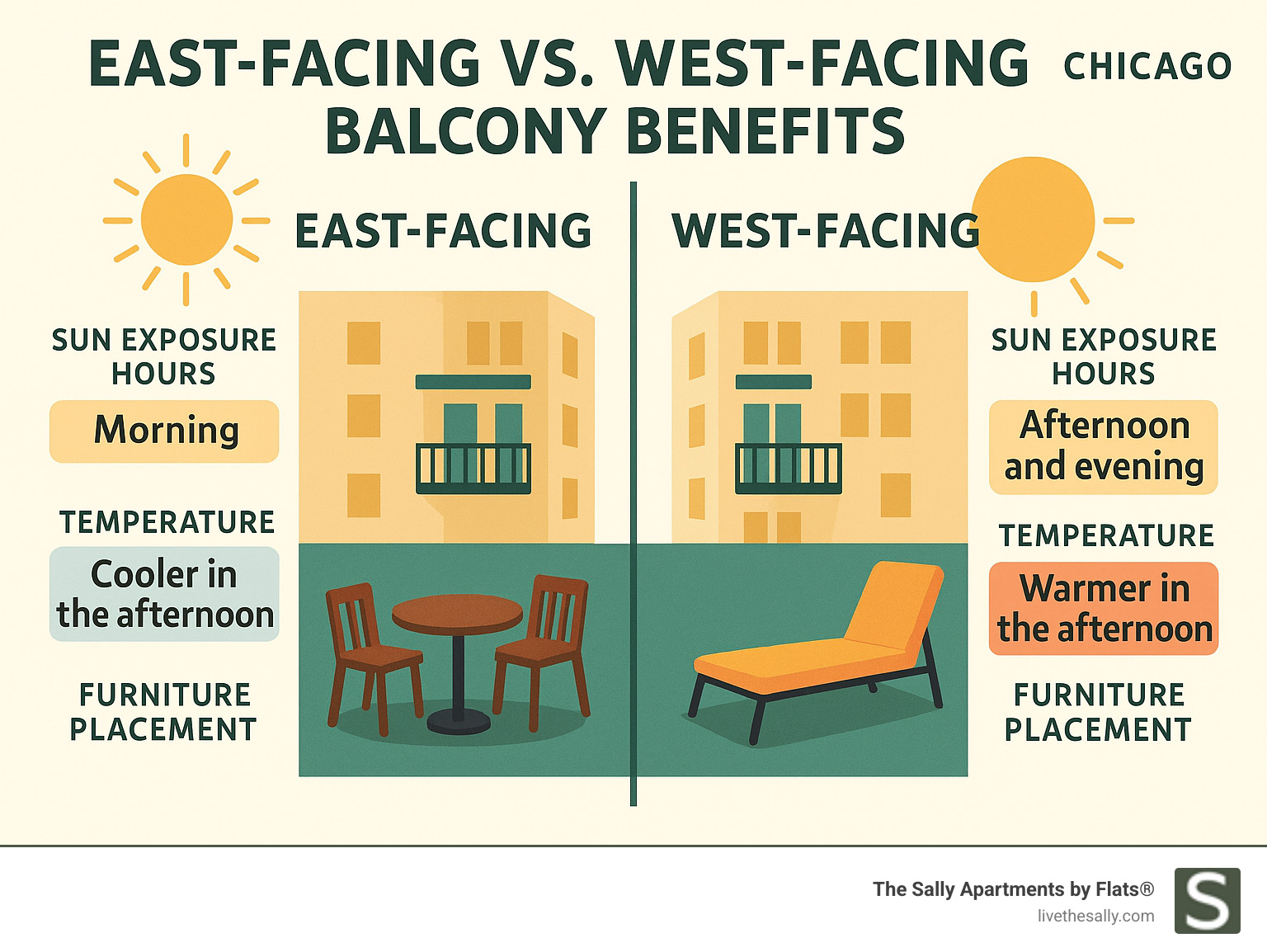 Infographic comparing east-facing versus west-facing balcony benefits, including sun exposure hours, temperature patterns, and optimal furniture placement for Chicago climate - chicago studio apartment with balcony infographic 