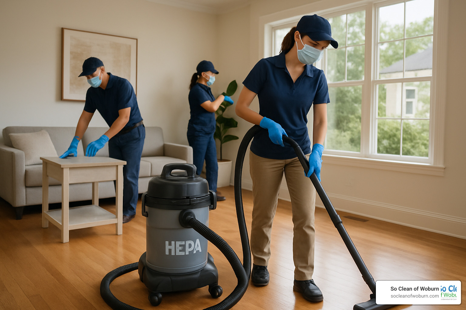 Professional cleaning team using HEPA filtration equipment in a modern home - happy maids cleaning service
