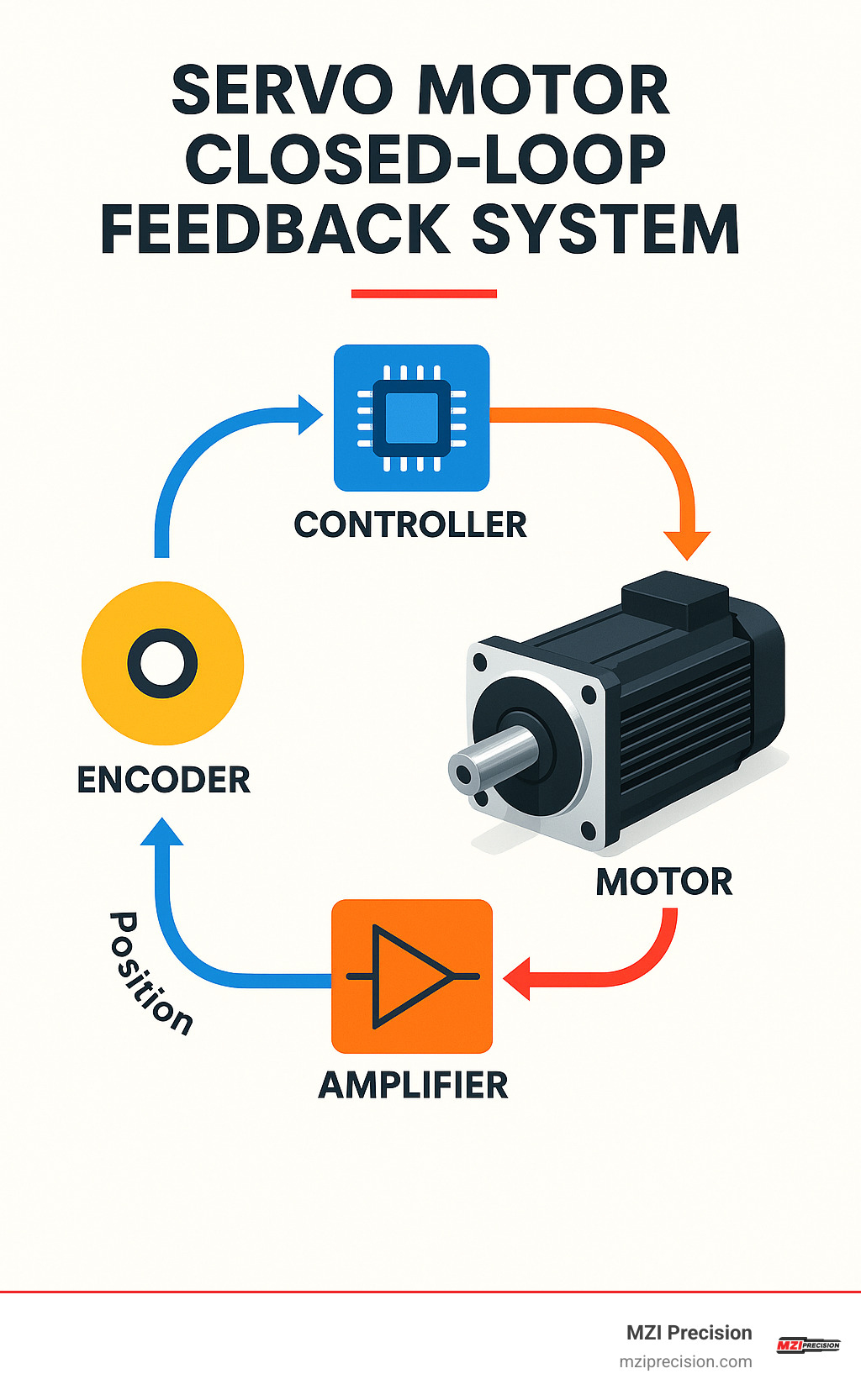 Servo motor closed-loop feedback system showing encoder, controller, amplifier, and motor with position correction arrows - why servo motor used in cnc machine infographic