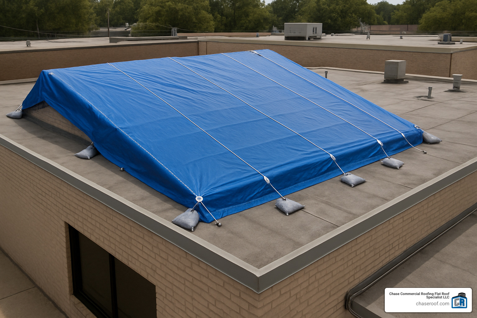 Correctly anchored roof tarp protecting commercial building - 24/7 roof leak repair